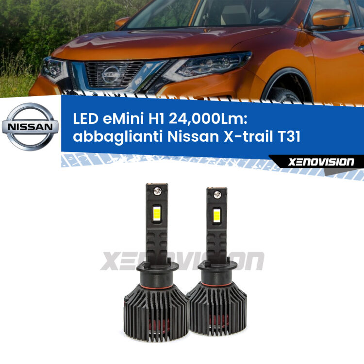 <strong>Kit abbaglianti LED specifico per Nissan X-trail</strong> T31 2007-2014. Lampade <strong>H1</strong> Canbus e compatte 24.000Lumen Eagle Mini Xenovision.