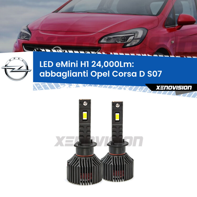 <strong>Kit abbaglianti LED specifico per Opel Corsa D</strong> S07 senza luci svolta. Lampade <strong>H1</strong> Canbus e compatte 24.000Lumen Eagle Mini Xenovision.