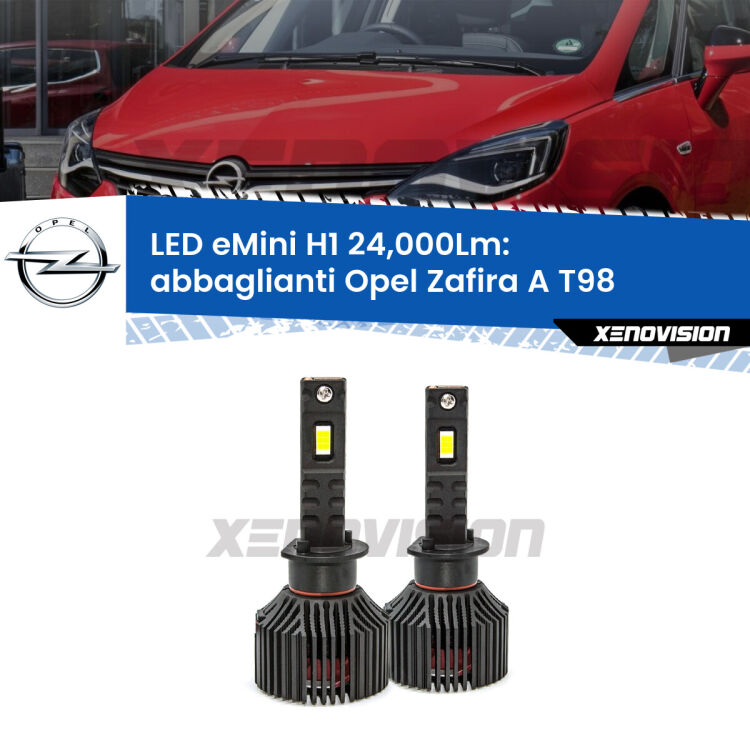 <strong>Kit abbaglianti LED specifico per Opel Zafira A</strong> T98 2003-2005. Lampade <strong>H1</strong> Canbus e compatte 24.000Lumen Eagle Mini Xenovision.