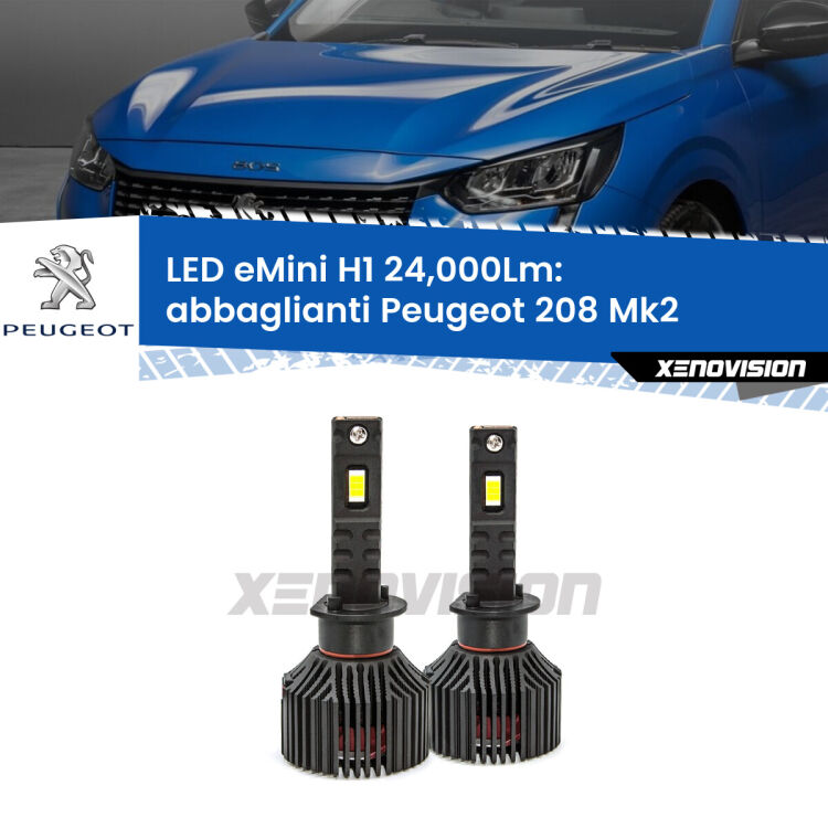 <strong>Kit abbaglianti LED specifico per Peugeot 208</strong> Mk2 2019in poi. Lampade <strong>H1</strong> Canbus e compatte 24.000Lumen Eagle Mini Xenovision.