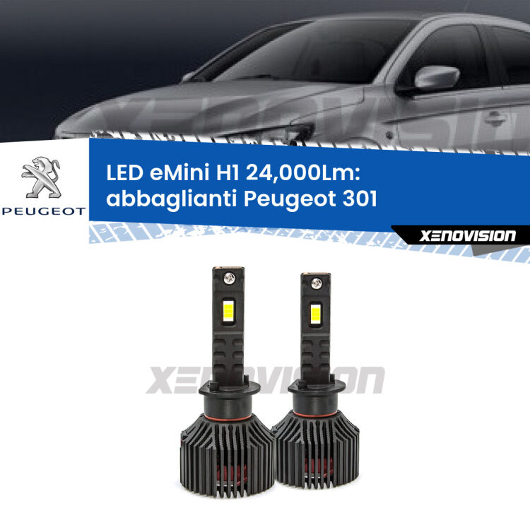 <strong>Kit abbaglianti LED specifico per Peugeot 301</strong>  2012-2017. Lampade <strong>H1</strong> Canbus e compatte 24.000Lumen Eagle Mini Xenovision.