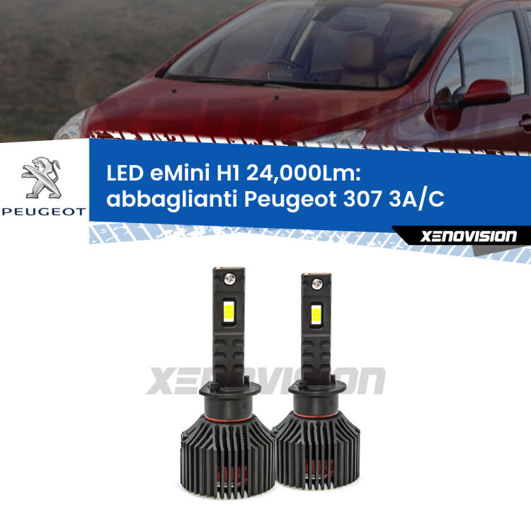 <strong>Kit abbaglianti LED specifico per Peugeot 307</strong> 3A/C 2000-2005. Lampade <strong>H1</strong> Canbus e compatte 24.000Lumen Eagle Mini Xenovision.