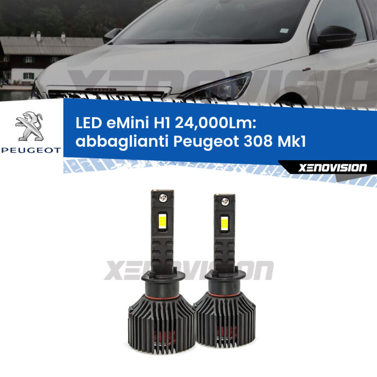 <strong>Kit abbaglianti LED specifico per Peugeot 308</strong> Mk1 2007-2012. Lampade <strong>H1</strong> Canbus e compatte 24.000Lumen Eagle Mini Xenovision.