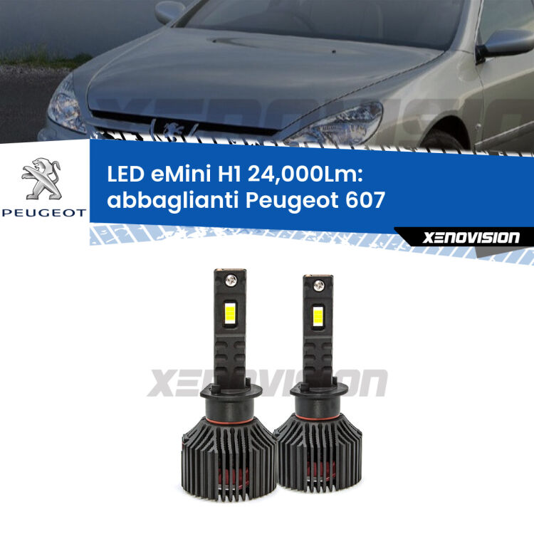 <strong>Kit abbaglianti LED specifico per Peugeot 607</strong>  2000-2010. Lampade <strong>H1</strong> Canbus e compatte 24.000Lumen Eagle Mini Xenovision.