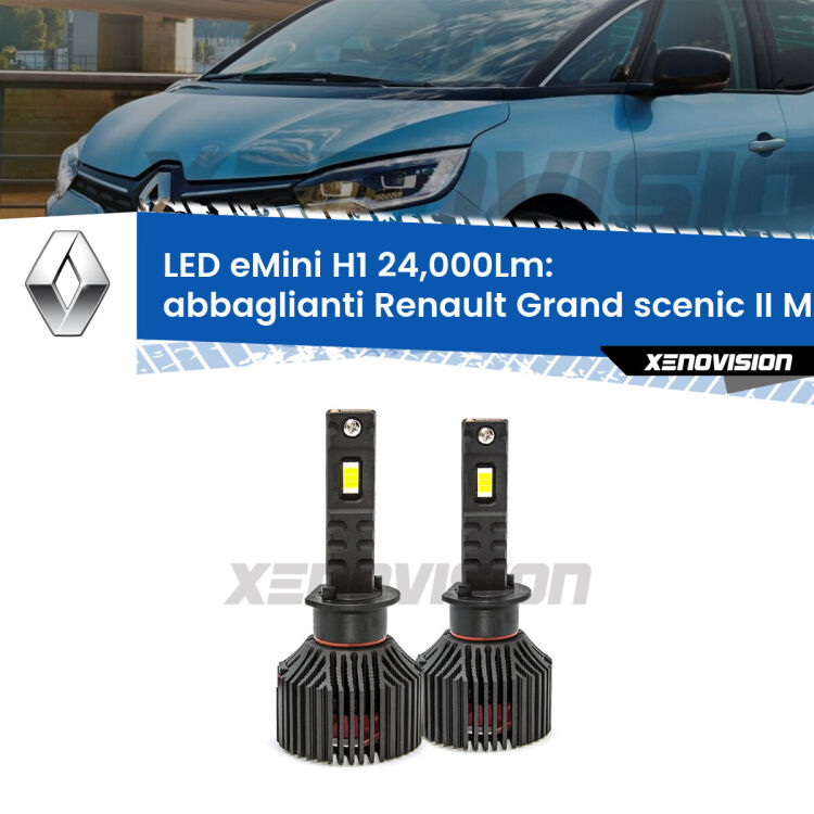 <strong>Kit abbaglianti LED specifico per Renault Grand scenic II</strong> Mk2 2004-2009. Lampade <strong>H1</strong> Canbus e compatte 24.000Lumen Eagle Mini Xenovision.