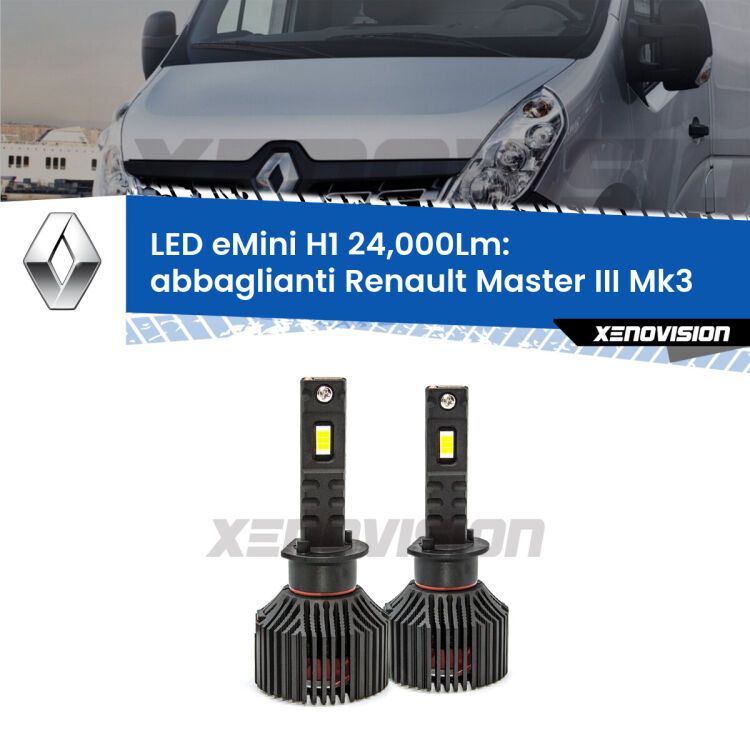 <strong>Kit abbaglianti LED specifico per Renault Master III</strong> Mk3 2010in poi. Lampade <strong>H1</strong> Canbus e compatte 24.000Lumen Eagle Mini Xenovision.