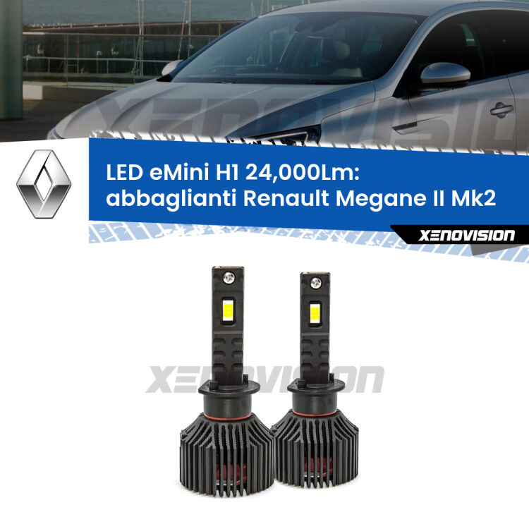 <strong>Kit abbaglianti LED specifico per Renault Megane II</strong> Mk2 dal 2006, con fari Xenon. Lampade <strong>H1</strong> Canbus e compatte 24.000Lumen Eagle Mini Xenovision.