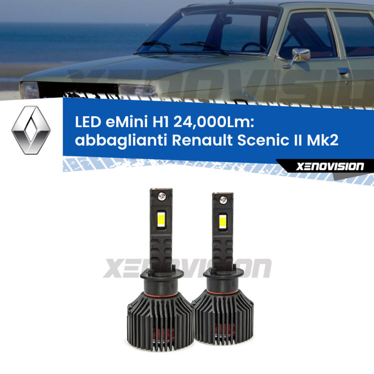 <strong>Kit abbaglianti LED specifico per Renault Scenic II</strong> Mk2 2003-2008. Lampade <strong>H1</strong> Canbus e compatte 24.000Lumen Eagle Mini Xenovision.
