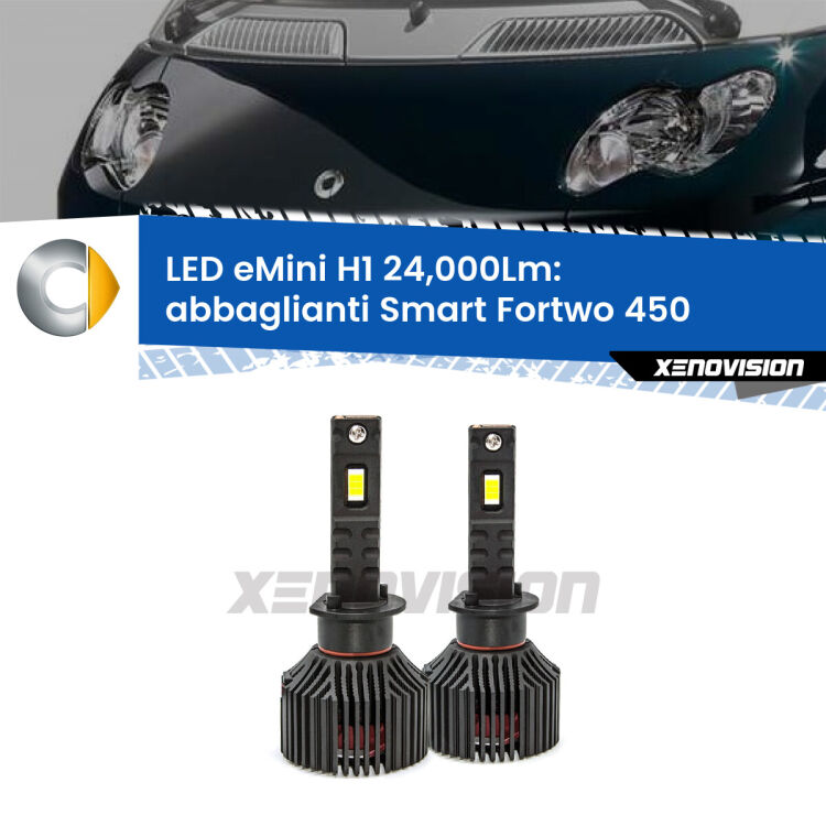<strong>Kit abbaglianti LED specifico per Smart Fortwo</strong> 450 2004-2007. Lampade <strong>H1</strong> Canbus e compatte 24.000Lumen Eagle Mini Xenovision.