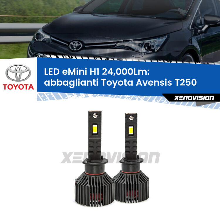 <strong>Kit abbaglianti LED specifico per Toyota Avensis</strong> T250 2003-2008. Lampade <strong>H1</strong> Canbus e compatte 24.000Lumen Eagle Mini Xenovision.