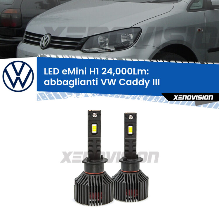 <strong>Kit abbaglianti LED specifico per VW Caddy III</strong>  2004-2010 senza DRL. Lampade <strong>H1</strong> Canbus e compatte 24.000Lumen Eagle Mini Xenovision.