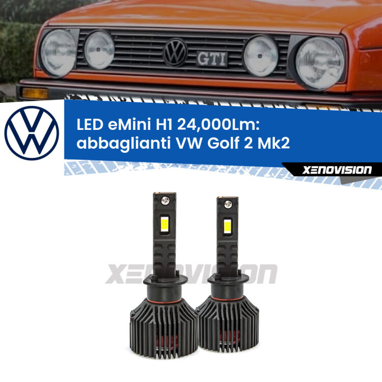 <strong>Kit abbaglianti LED specifico per VW Golf 2</strong> Mk2 a parabola doppia. Lampade <strong>H1</strong> Canbus e compatte 24.000Lumen Eagle Mini Xenovision.