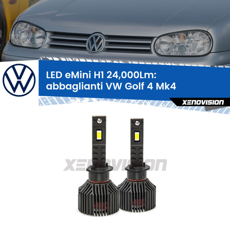 <strong>Kit abbaglianti LED specifico per VW Golf 4</strong> Mk4 1997-2005. Lampade <strong>H1</strong> Canbus e compatte 24.000Lumen Eagle Mini Xenovision.