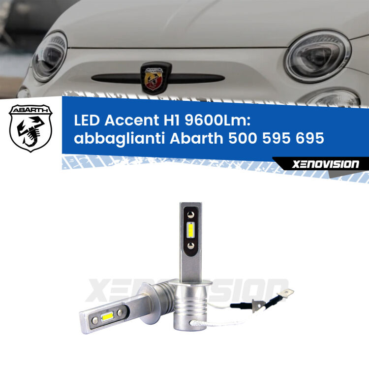 Abbaglianti LED H1 9600Lm per Abarth 500 595 695 2008 -2014 <strong>Kit LED Abbaglianti per Abarth 500 595 695</strong> 2008 -2014.</strong> Coppia lampade <strong>H1</strong> senza ventola e ultracompatte per installazioni in fari senza spazi.