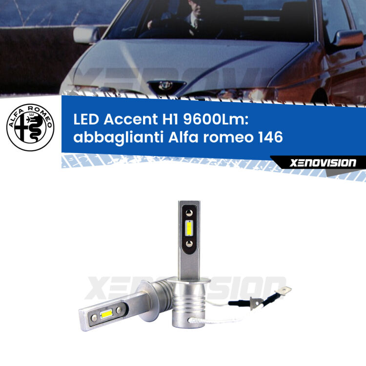Abbaglianti LED H1 9600Lm per Alfa romeo 146 1994 -2001 <strong>Kit LED Abbaglianti per Alfa romeo 146</strong> 1994 -2001.</strong> Coppia lampade <strong>H1</strong> senza ventola e ultracompatte per installazioni in fari senza spazi.