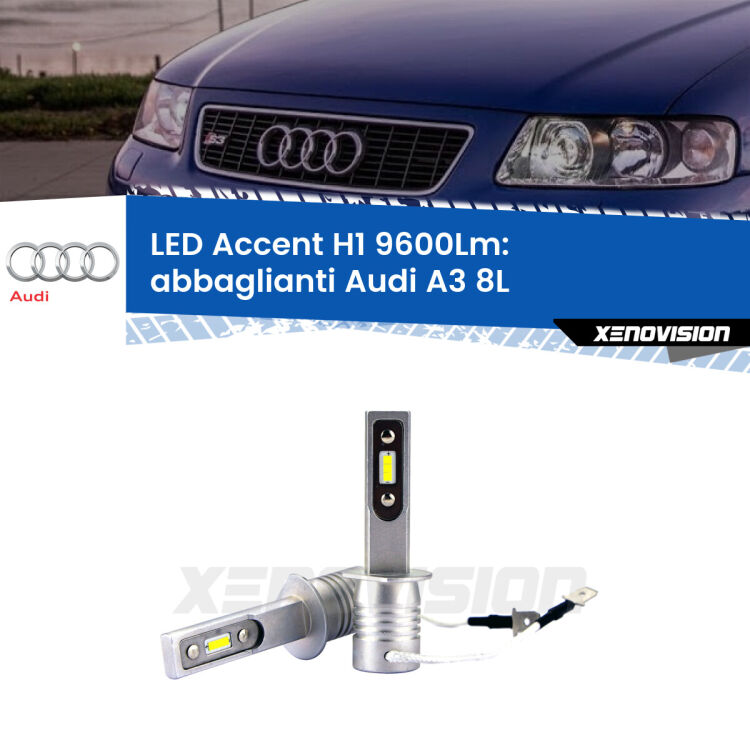 <strong>Kit LED Abbaglianti per Audi A3</strong> 8L 1996-2000.</strong> Coppia lampade <strong>H1</strong> senza ventola e ultracompatte per installazioni in fari senza spazi.