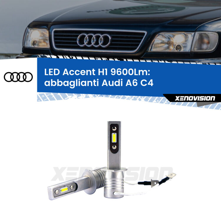 Abbaglianti LED H1 9600Lm per Audi A6 C4 1994 -1997 <strong>Kit LED Abbaglianti per Audi A6</strong> C4 1994 -1997.</strong> Coppia lampade <strong>H1</strong> senza ventola e ultracompatte per installazioni in fari senza spazi.