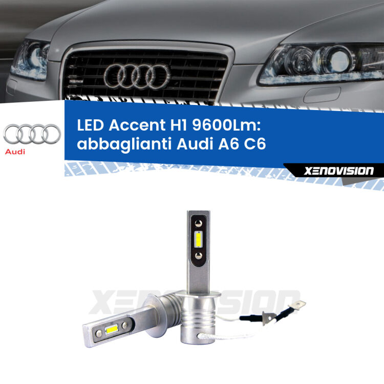 <strong>Kit LED Abbaglianti per Audi A6</strong> C6 2004-2008.</strong> Coppia lampade <strong>H1</strong> senza ventola e ultracompatte per installazioni in fari senza spazi.