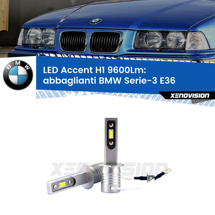 <strong>Kit LED Abbaglianti per BMW Serie-3</strong> E36 1990-1994.</strong> Coppia lampade <strong>H1</strong> senza ventola e ultracompatte per installazioni in fari senza spazi.