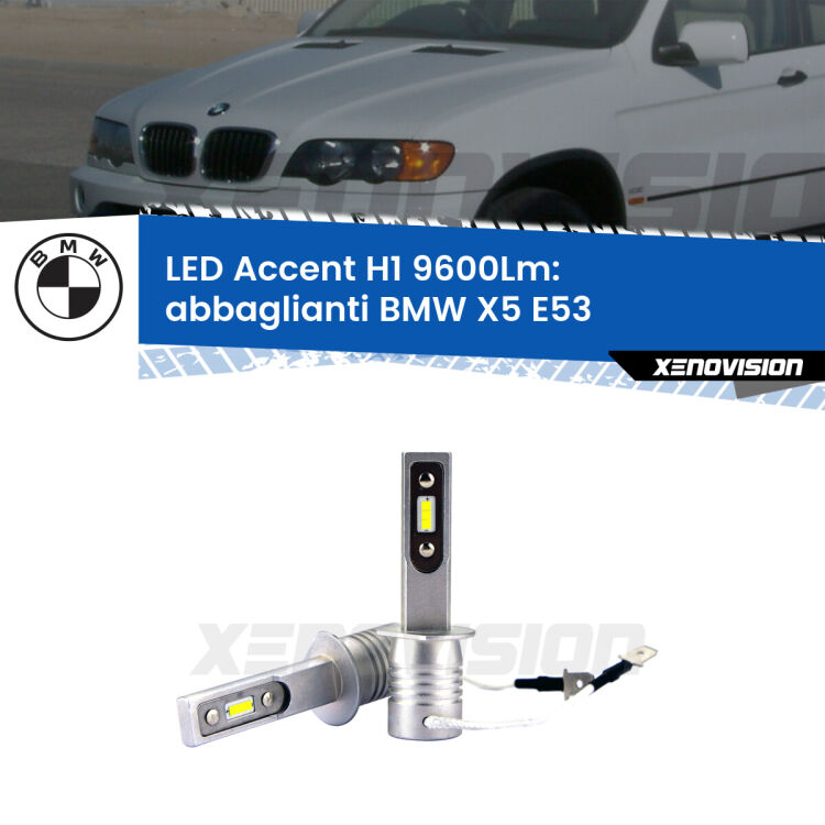 Abbaglianti LED H1 9600Lm per BMW X5 E53 2003 -2005 <strong>Kit LED Abbaglianti per BMW X5</strong> E53 2003 -2005.</strong> Coppia lampade <strong>H1</strong> senza ventola e ultracompatte per installazioni in fari senza spazi.