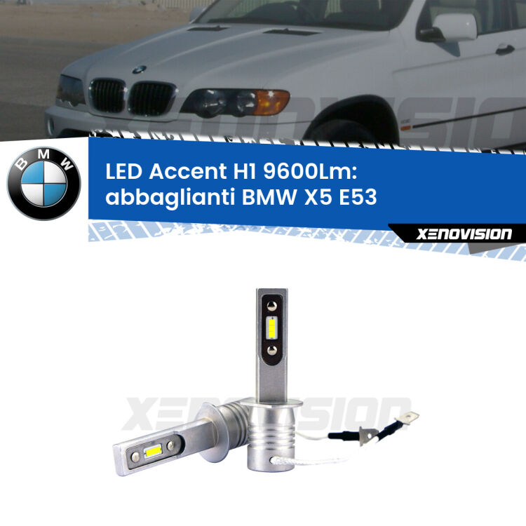 <strong>Kit LED Abbaglianti per BMW X5</strong> E53 2003-2005.</strong> Coppia lampade <strong>H1</strong> senza ventola e ultracompatte per installazioni in fari senza spazi.