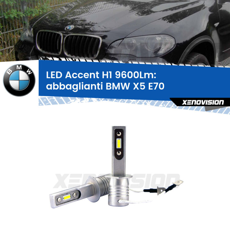 <strong>Kit LED Abbaglianti per BMW X5</strong> E70 2006-2013.</strong> Coppia lampade <strong>H1</strong> senza ventola e ultracompatte per installazioni in fari senza spazi.