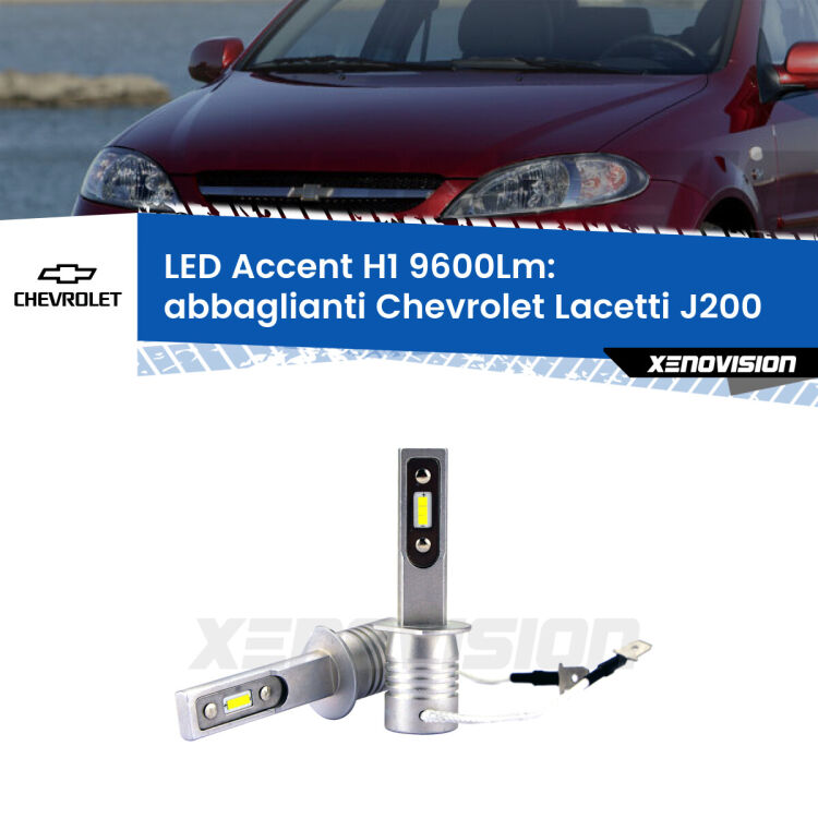 Abbaglianti LED H1 9600Lm per Chevrolet Lacetti J200 2002 -2009 <strong>Kit LED Abbaglianti per Chevrolet Lacetti</strong> J200 2002 -2009.</strong> Coppia lampade <strong>H1</strong> senza ventola e ultracompatte per installazioni in fari senza spazi.