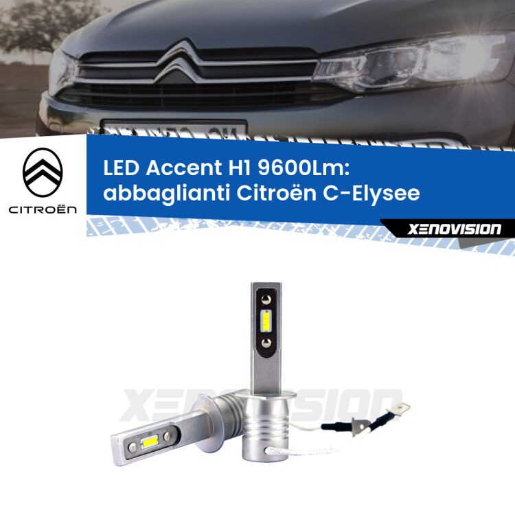 Abbaglianti LED H1 9600Lm per Citroën C-Elysee 2012 in poi <strong>Kit LED Abbaglianti per Citroën C-Elysee</strong> 2012 in poi.</strong> Coppia lampade <strong>H1</strong> senza ventola e ultracompatte per installazioni in fari senza spazi.