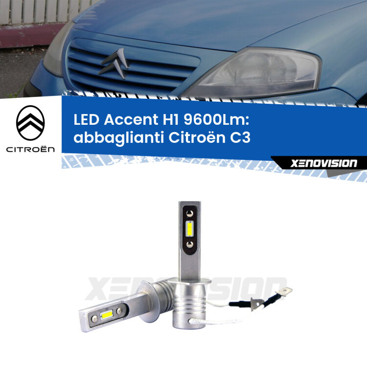 Abbaglianti LED H1 9600Lm per Citroën C3  2002 -2009 <strong>Kit LED Abbaglianti per Citroën C3</strong>  2002 -2009.</strong> Coppia lampade <strong>H1</strong> senza ventola e ultracompatte per installazioni in fari senza spazi.