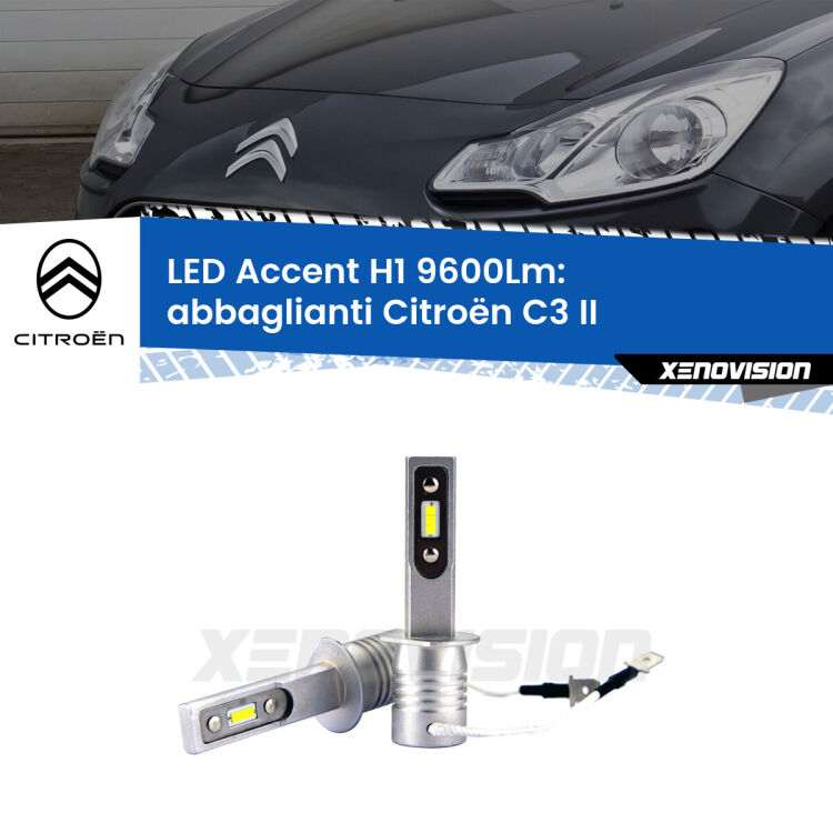 Abbaglianti LED H1 9600Lm per Citroën C3 II 2009 -2016 <strong>Kit LED Abbaglianti per Citroën C3</strong> II 2009 -2016.</strong> Coppia lampade <strong>H1</strong> senza ventola e ultracompatte per installazioni in fari senza spazi.
