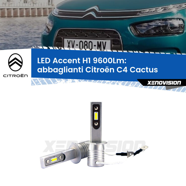 Abbaglianti LED H1 9600Lm per Citroën C4 Cactus  2014 in poi <strong>Kit LED Abbaglianti per Citroën C4 Cactus</strong>  2014 in poi.</strong> Coppia lampade <strong>H1</strong> senza ventola e ultracompatte per installazioni in fari senza spazi.