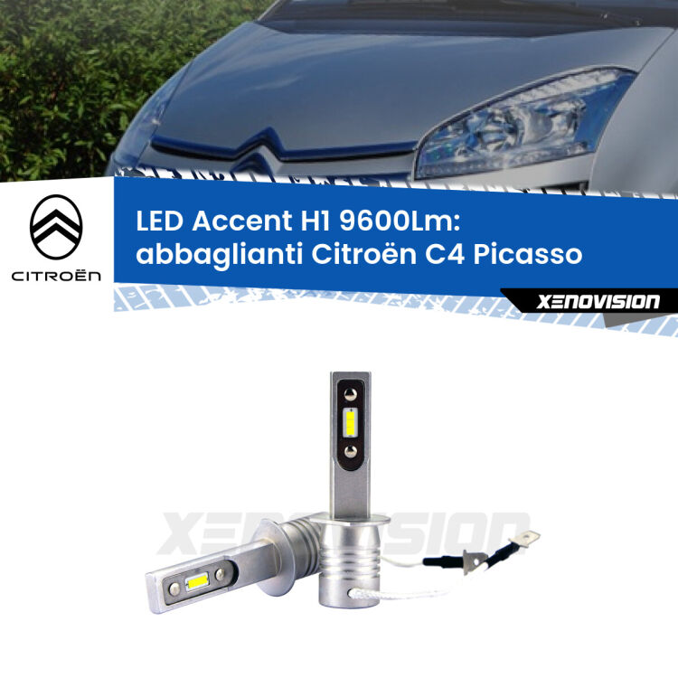 Abbaglianti LED H1 9600Lm per Citroën C4 Picasso 2006 -2013 <strong>Kit LED Abbaglianti per Citroën C4 Picasso</strong> 2006 -2013.</strong> Coppia lampade <strong>H1</strong> senza ventola e ultracompatte per installazioni in fari senza spazi.