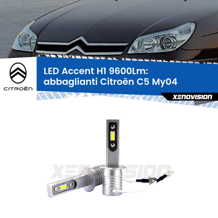 Abbaglianti LED H1 9600Lm per Citroën C5 My04 2004 -2008 <strong>Kit LED Abbaglianti per Citroën C5</strong> My04 2004 -2008.</strong> Coppia lampade <strong>H1</strong> senza ventola e ultracompatte per installazioni in fari senza spazi.