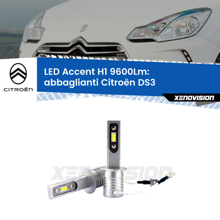 Abbaglianti LED H1 9600Lm per Citroën DS3 2009 -2015 <strong>Kit LED Abbaglianti per Citroën DS3</strong> 2009 -2015.</strong> Coppia lampade <strong>H1</strong> senza ventola e ultracompatte per installazioni in fari senza spazi.