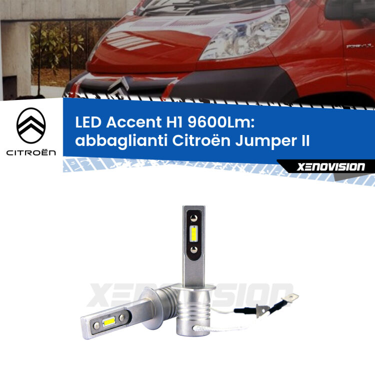 Abbaglianti LED H1 9600Lm per Citroën Jumper II 2002 in poi <strong>Kit LED Abbaglianti per Citroën Jumper</strong> II 2002 in poi.</strong> Coppia lampade <strong>H1</strong> senza ventola e ultracompatte per installazioni in fari senza spazi.