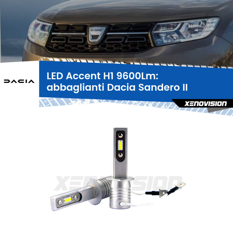Abbaglianti LED H1 9600Lm per Dacia Sandero II a parabola doppia <strong>Kit LED Abbaglianti per Dacia Sandero II</strong> a parabola doppia.</strong> Coppia lampade <strong>H1</strong> senza ventola e ultracompatte per installazioni in fari senza spazi.