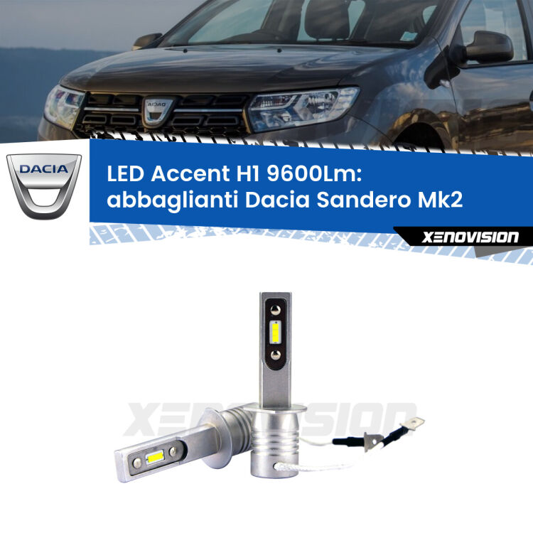<strong>Kit LED Abbaglianti per Dacia Sandero</strong> Mk2 a parabola doppia.</strong> Coppia lampade <strong>H1</strong> senza ventola e ultracompatte per installazioni in fari senza spazi.