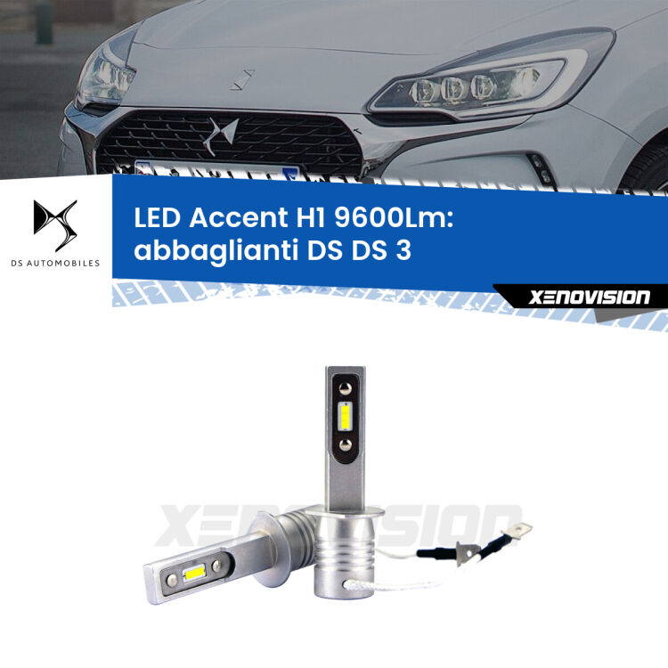 Abbaglianti LED H1 9600Lm per DS DS 3 2015 in poi <strong>Kit LED Abbaglianti per DS DS 3</strong> 2015 in poi.</strong> Coppia lampade <strong>H1</strong> senza ventola e ultracompatte per installazioni in fari senza spazi.
