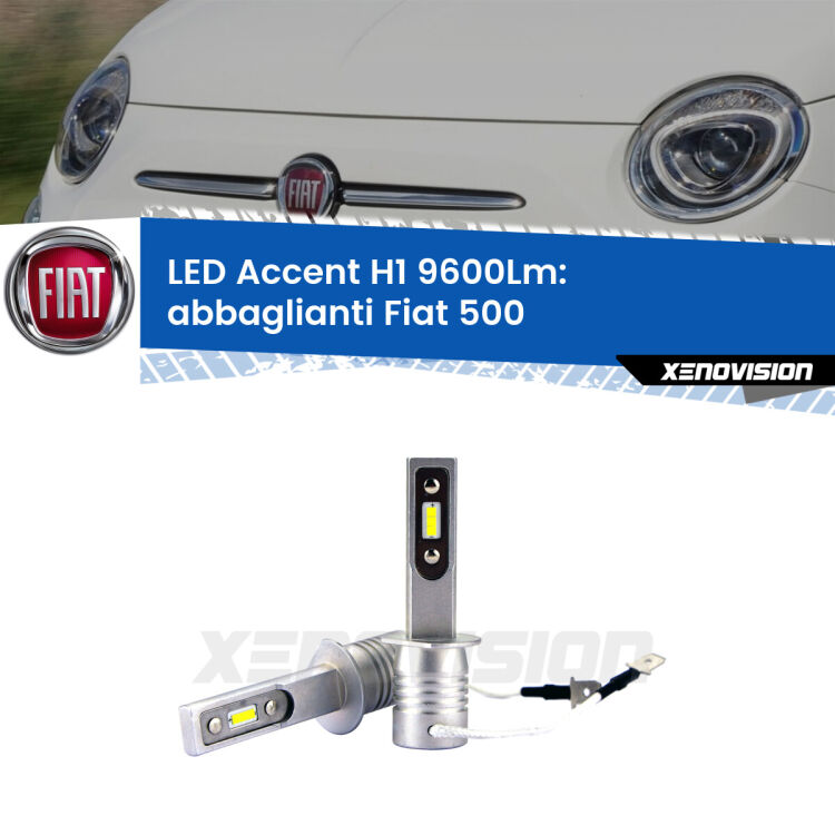 <strong>Kit LED Abbaglianti per Fiat 500</strong>  2007-2014.</strong> Coppia lampade <strong>H1</strong> senza ventola e ultracompatte per installazioni in fari senza spazi.