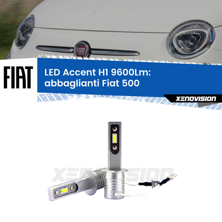 Abbaglianti LED H1 9600Lm per Fiat 500  2007 -2014 <strong>Kit LED Abbaglianti per Fiat 500</strong>  2007 -2014.</strong> Coppia lampade <strong>H1</strong> senza ventola e ultracompatte per installazioni in fari senza spazi.