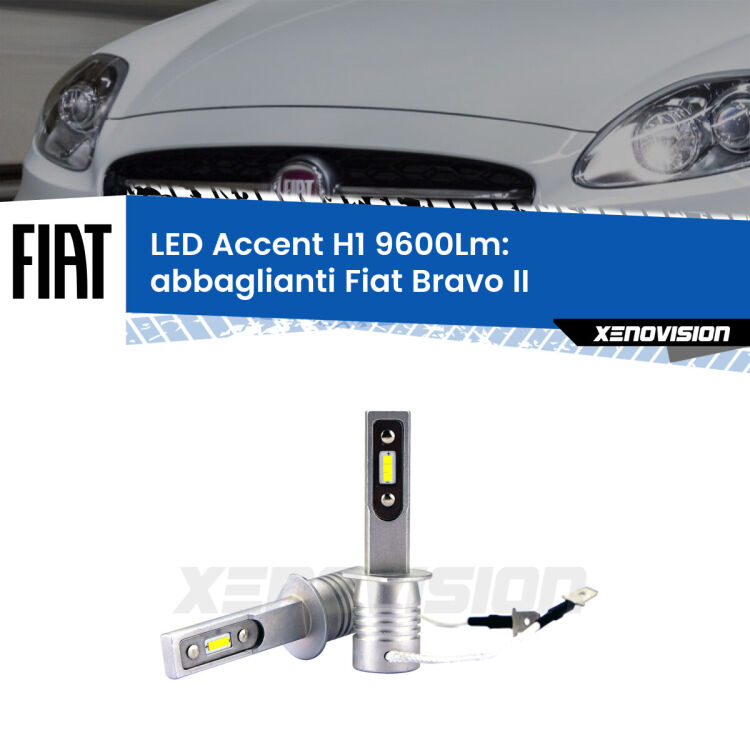 Abbaglianti LED H1 9600Lm per Fiat Bravo II  2006 -2014 <strong>Kit LED Abbaglianti per Fiat Bravo II</strong>  2006 -2014.</strong> Coppia lampade <strong>H1</strong> senza ventola e ultracompatte per installazioni in fari senza spazi.