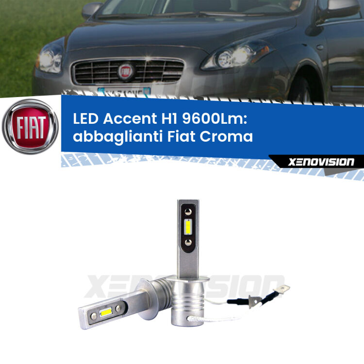 <strong>Kit LED Abbaglianti per Fiat Croma</strong>  2005-2010.</strong> Coppia lampade <strong>H1</strong> senza ventola e ultracompatte per installazioni in fari senza spazi.