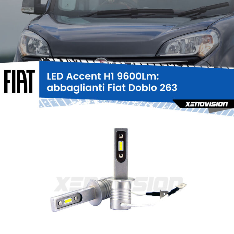Abbaglianti LED H1 9600Lm per Fiat Doblo 263 2010 -2014 <strong>Kit LED Abbaglianti per Fiat Doblo</strong> 263 2010 -2014.</strong> Coppia lampade <strong>H1</strong> senza ventola e ultracompatte per installazioni in fari senza spazi.
