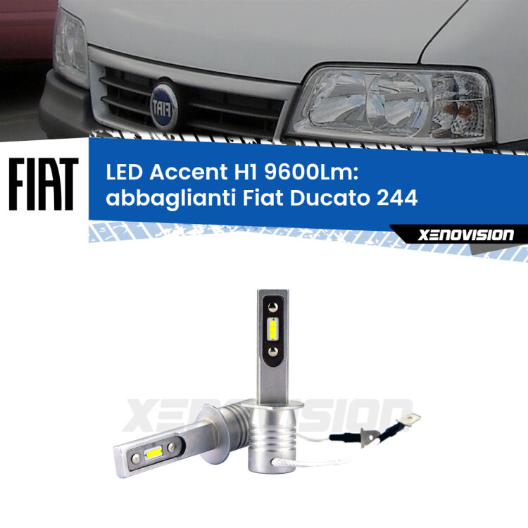 Abbaglianti LED H1 9600Lm per Fiat Ducato 244 2002 -2006 <strong>Kit LED Abbaglianti per Fiat Ducato</strong> 244 2002 -2006.</strong> Coppia lampade <strong>H1</strong> senza ventola e ultracompatte per installazioni in fari senza spazi.