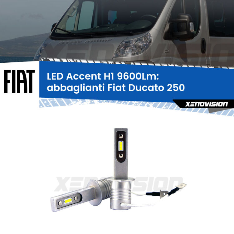 0 Abbaglianti LED H1 9600Lm per Fiat Ducato 250 senza luci diurne <strong>Kit LED Abbaglianti per Fiat Ducato</strong> 250 senza luci diurne.</strong> Coppia lampade <strong>H1</strong> senza ventola e ultracompatte per installazioni in fari senza spazi.