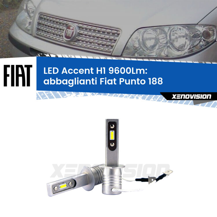 Abbaglianti LED H1 9600Lm per Fiat Punto 188 2002 -2010 <strong>Kit LED Abbaglianti per Fiat Punto</strong> 188 2002 -2010.</strong> Coppia lampade <strong>H1</strong> senza ventola e ultracompatte per installazioni in fari senza spazi.