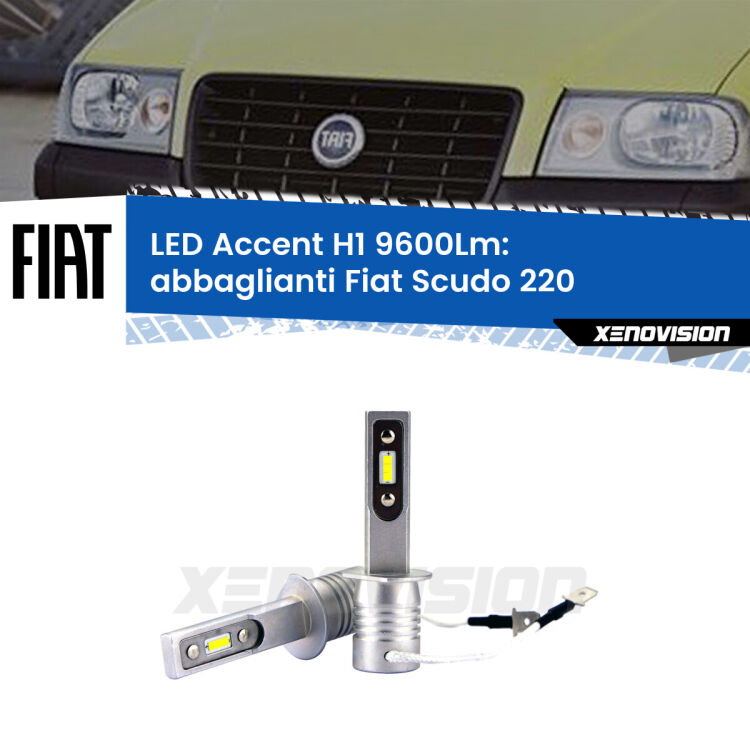 Abbaglianti LED H1 9600Lm per Fiat Scudo 220 a parabola doppia <strong>Kit LED Abbaglianti per Fiat Scudo</strong> 220 a parabola doppia.</strong> Coppia lampade <strong>H1</strong> senza ventola e ultracompatte per installazioni in fari senza spazi.