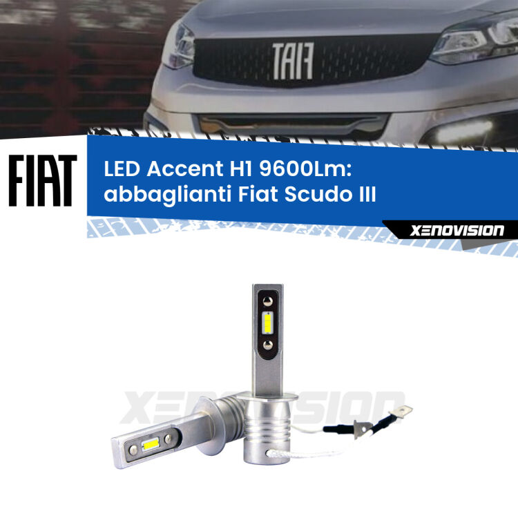 Abbaglianti LED H1 9600Lm per Fiat Scudo III 2022 in poi <strong>Kit LED Abbaglianti per Fiat Scudo</strong> III 2022 in poi.</strong> Coppia lampade <strong>H1</strong> senza ventola e ultracompatte per installazioni in fari senza spazi.