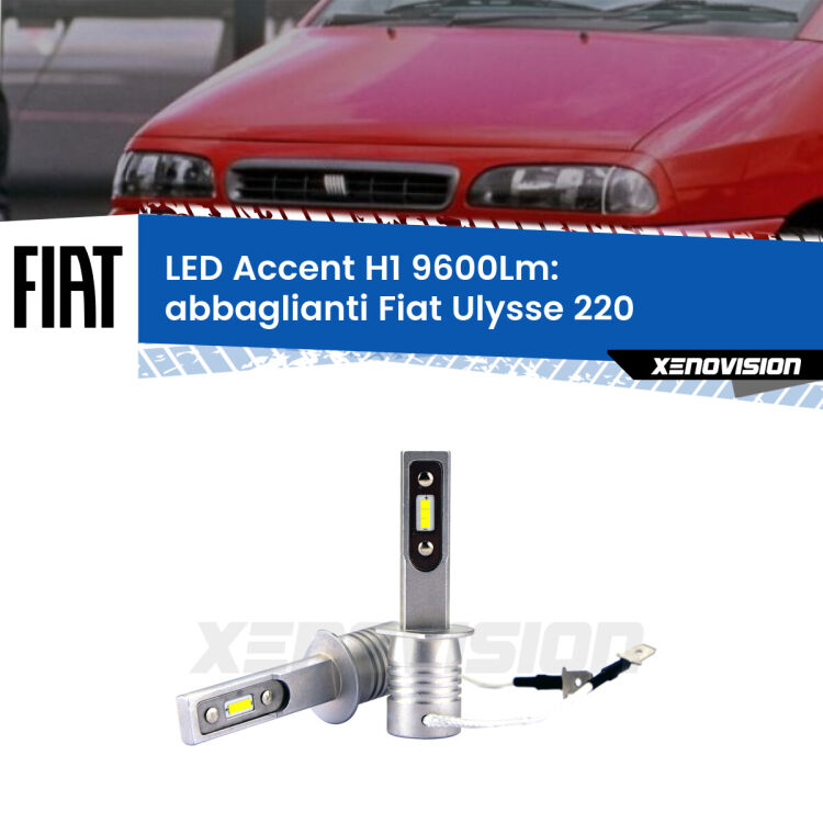 Abbaglianti LED H1 9600Lm per Fiat Ulysse 220 1994 -2002 <strong>Kit LED Abbaglianti per Fiat Ulysse</strong> 220 1994 -2002.</strong> Coppia lampade <strong>H1</strong> senza ventola e ultracompatte per installazioni in fari senza spazi.