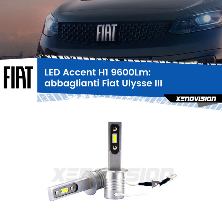 Abbaglianti LED H1 9600Lm per Fiat Ulysse III 2022 in poi <strong>Kit LED Abbaglianti per Fiat Ulysse</strong> III 2022 in poi.</strong> Coppia lampade <strong>H1</strong> senza ventola e ultracompatte per installazioni in fari senza spazi.